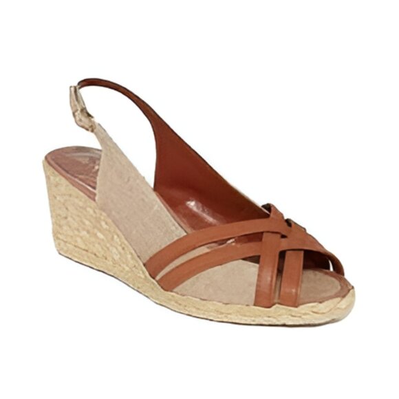 Ralph Lauren Linen Brown Leather Gold Foil Slingback Wedges Heels Sandals 9.5 - Picture 1 of 10